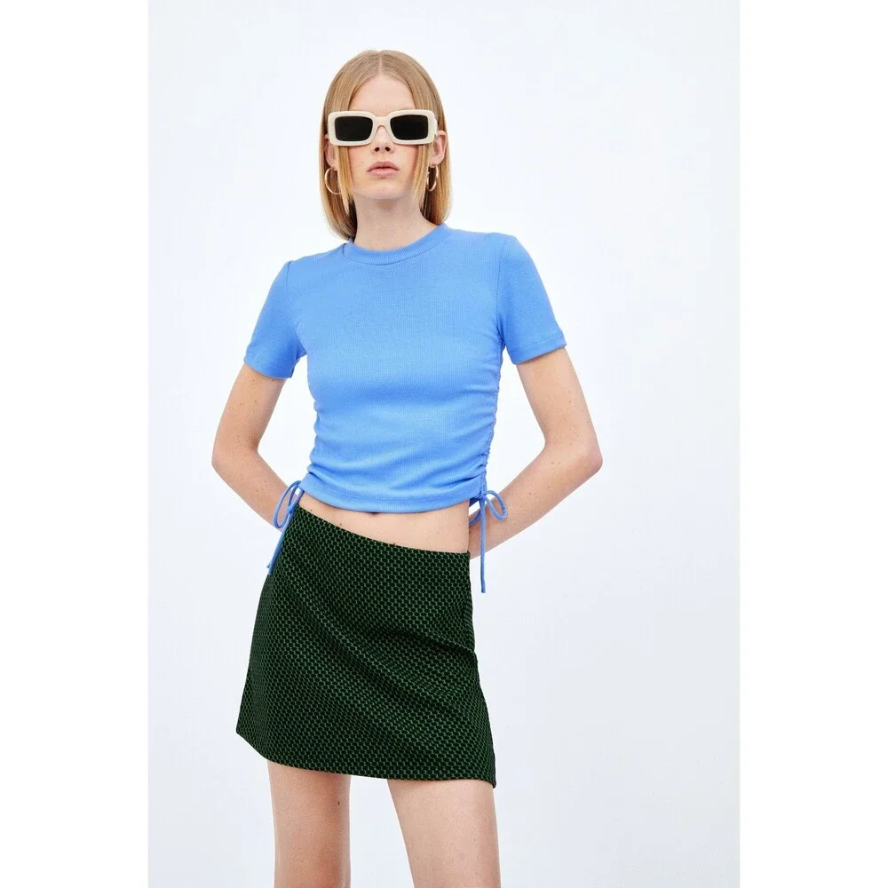 Zara Ruched Ribbed Top Blue - Picture 2 of 13